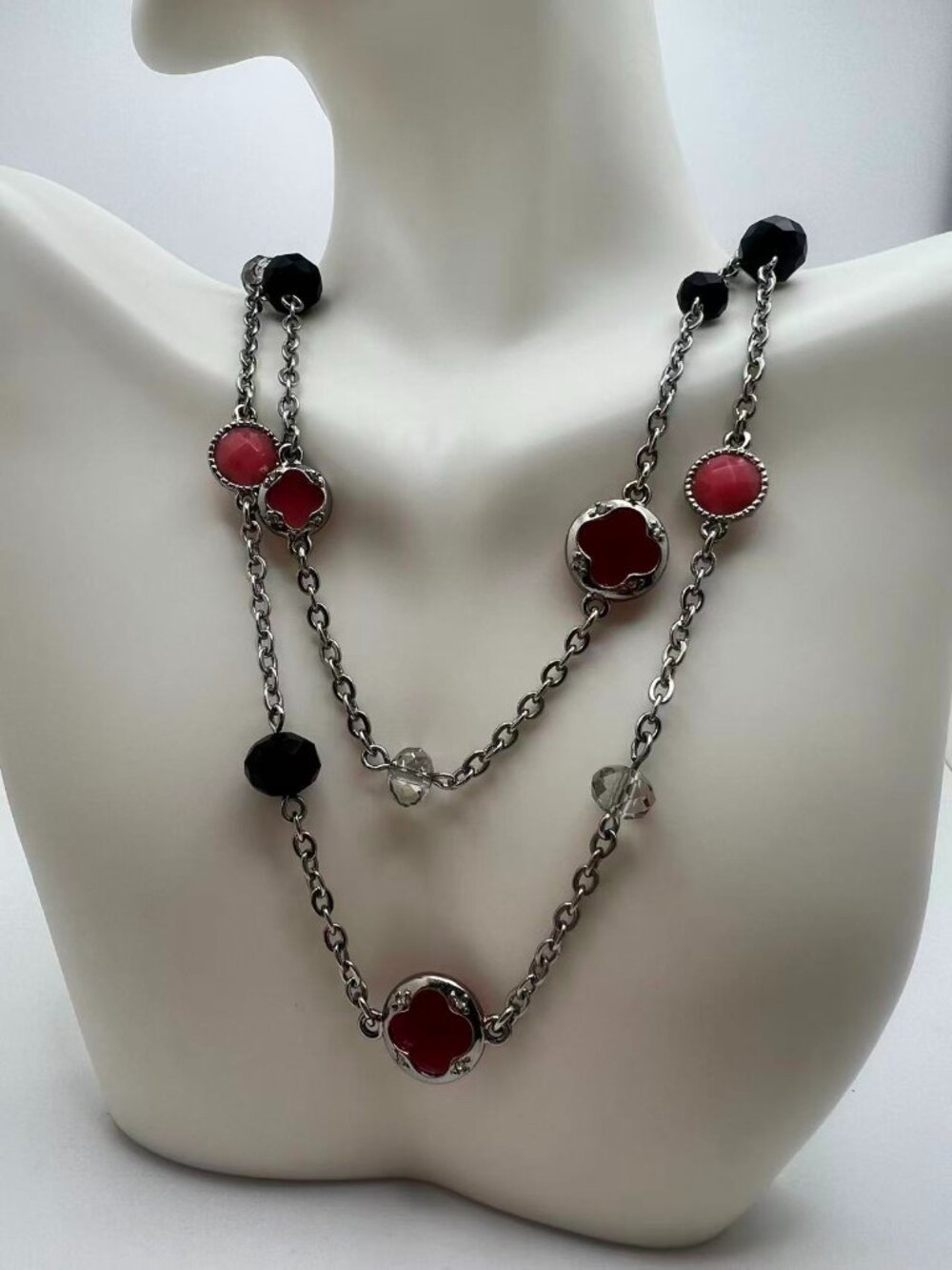 White House Black Market WHBM Pink Black Crystal Long Statement Necklace